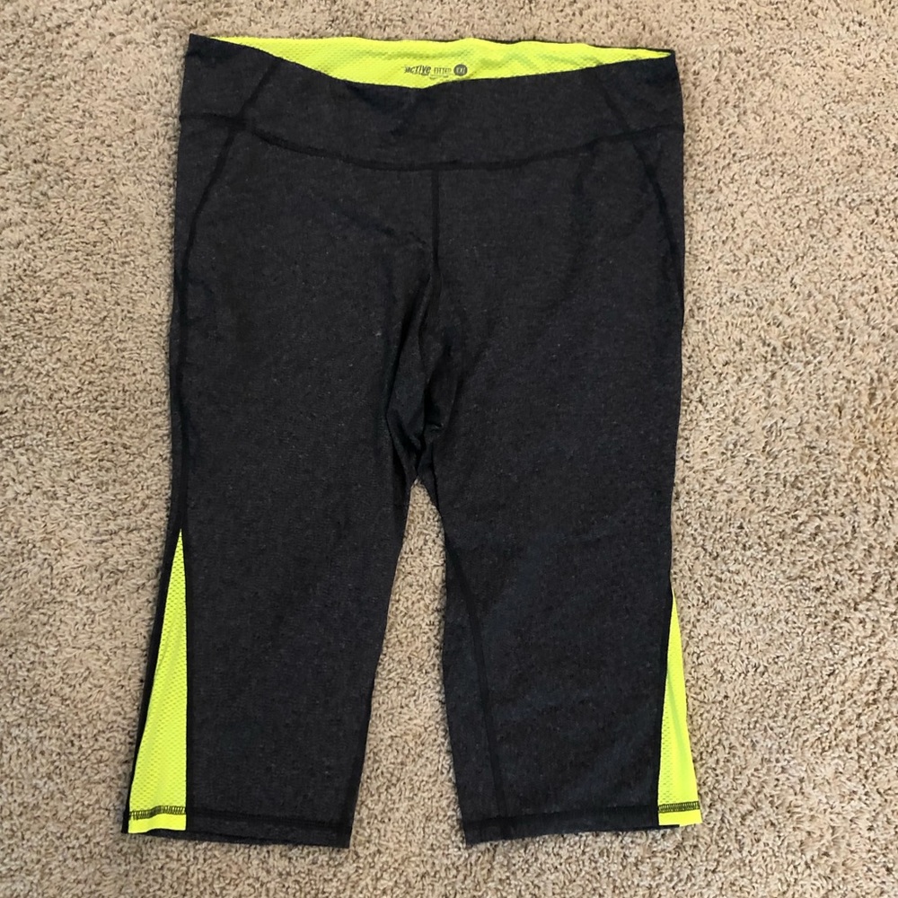 neon green/yellow and black fitted athletic capris